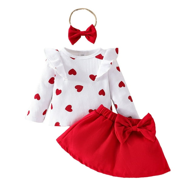 Odeerbi 3M-2Y Niñas Día de San Valentín Trajes Algodón Manga Larga Tops A-Línea Falda Con Banda de Cabeza Conjunto de Tres Piezas Corazón Impresión Ruffle Superior Arco Falda Conjunto