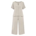 thumbnail image 4 of Women's Cotton Linen Short Sleeve Wide Leg Cropped Pants Suit, 4 of 7