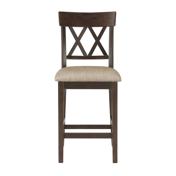 Dark Brown Counter Height Chairs (Set of 2) - Double X-Back Design, Padded Linen-Like Fabric Seat, Solid Wood Frame, Casual Dining Furniture (18.5"W x 22"D x 42"H)