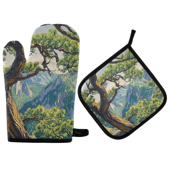 Yayeee Oven Mitts and Pot Holder Set of 2 Heat Resistant Kitchen Gloves Baking Hot Pad, Pine Tree