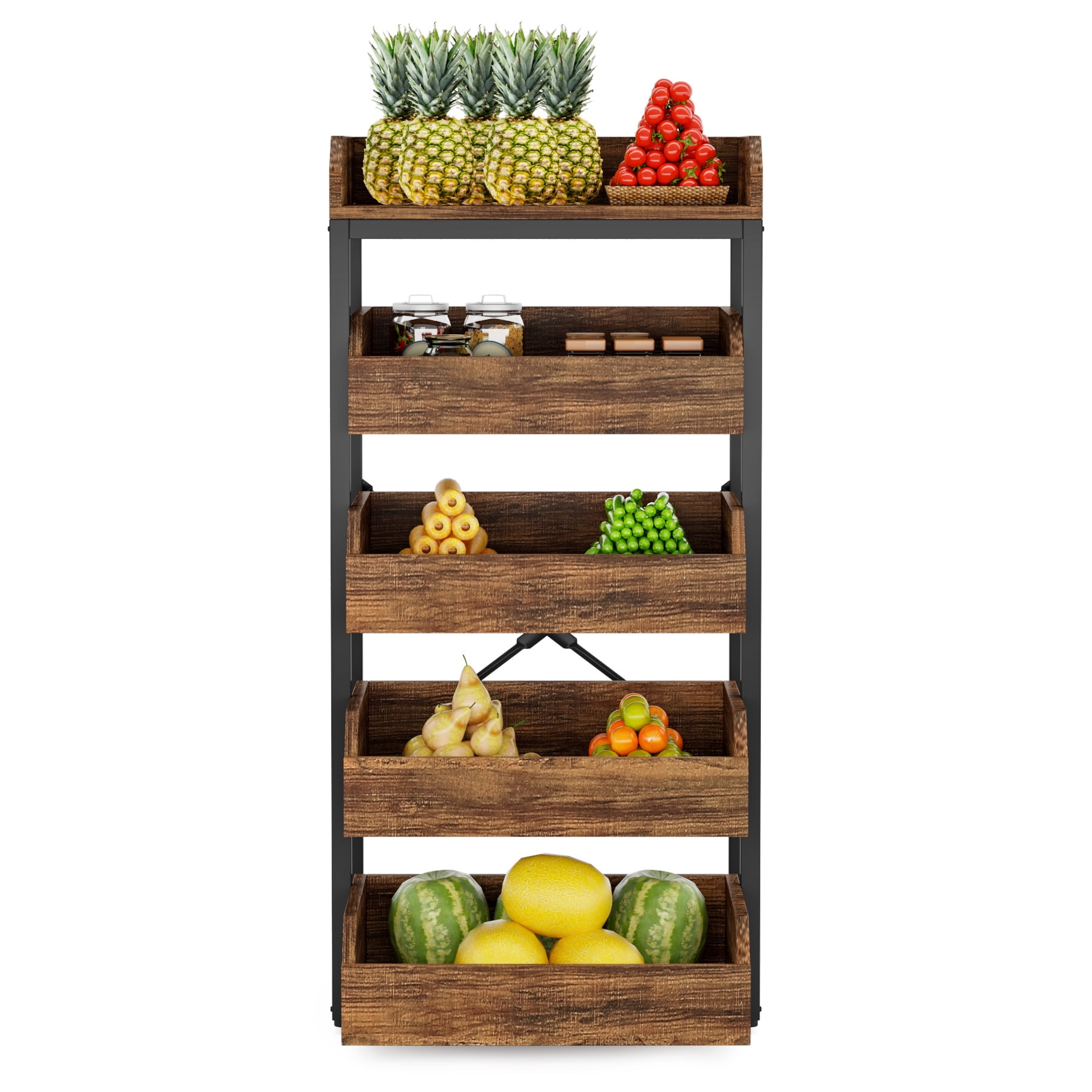 Fnova 46" 5-Tier Wood Storage Rack, Pull-Out Snack Stand Fruit Vegetable Basket Stand, Shelf Organizer with Heavy-Duty Metal Frame for Kitchen, Living Room, Bedroom