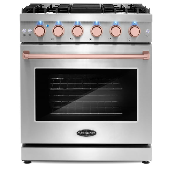 Cosmo 30 in. 4.5 cu. ft. Gas Range, 5 Sealed Burners, Convection Oven, Knob LED Lights, Stainless Steel, Rose Gold Handle Knob Kit