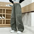 thumbnail image 2 of Lenpel Girls' Cargo Pants Cotton Elastic High Waisted Pull on Wide Leg Pants Baggy Casual Trousers with Pockets for Kids(Army Green,9-10 Years), 2 of 6