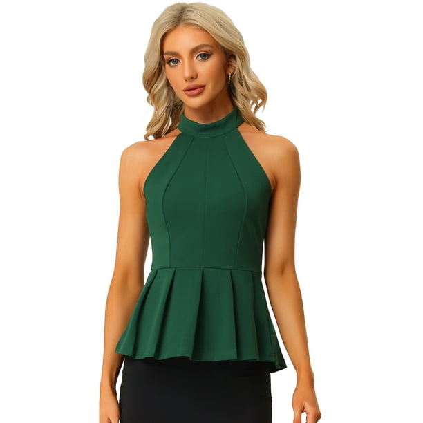 Chaleco peplum plisado con cuello halter sin mangas de verano para mujer Verde oscuro XL