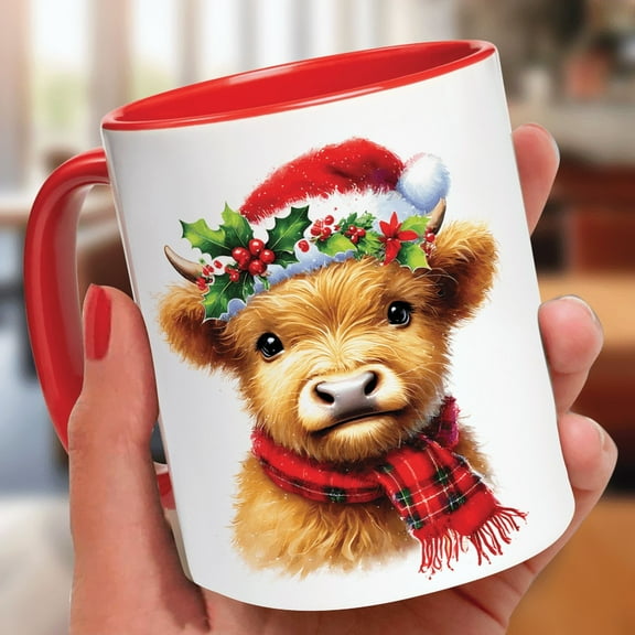 Lotusprinthandmade Baby Highland Cow With Christmas Lights Red Accent Mug (11oz) (Made In US) – Cow Drinkware