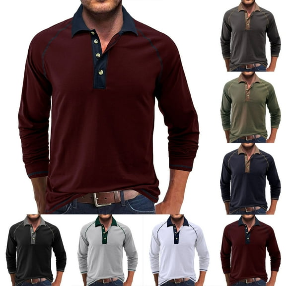 Qingpeng Men's Lapel Shirts Long Sleeve Casual Slim Fit Lightweight Solid T-Shirts