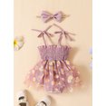 thumbnail image 3 of VOLTEY Toddler Baby Girls Summer Romper Clothes Set, Infant Girls Spaghetti Straps Pleated Flower Print Tulle Patchwork A-line Dress with Bowknot Headband,0-18 Months, 3 of 8
