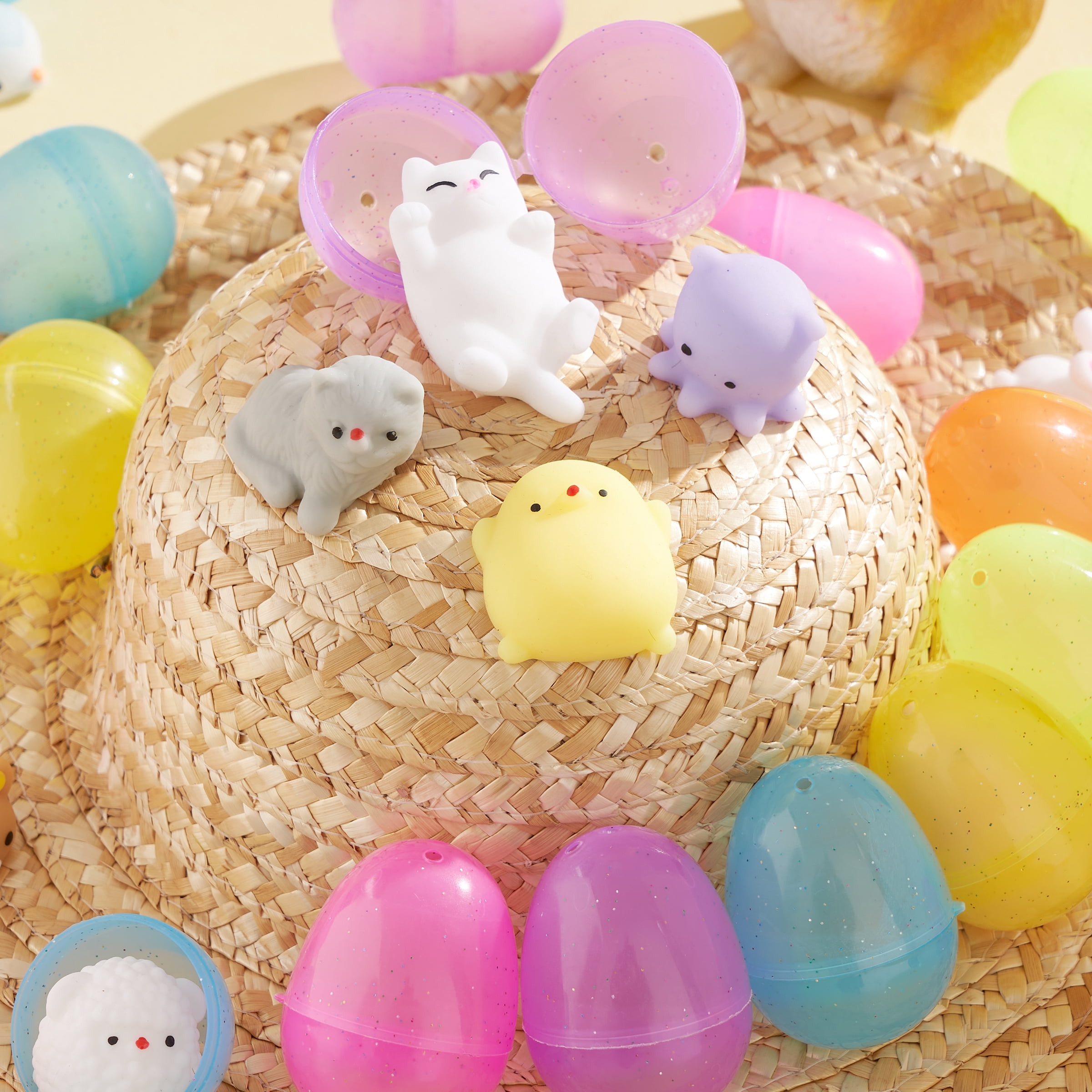Joyfy 24 Pack Prefilled Glitter Easter Eggs with Toys,Mochi Squishy Small Toys for Easter Eggs,Stuffed Easter Baskets for Toddler Kids