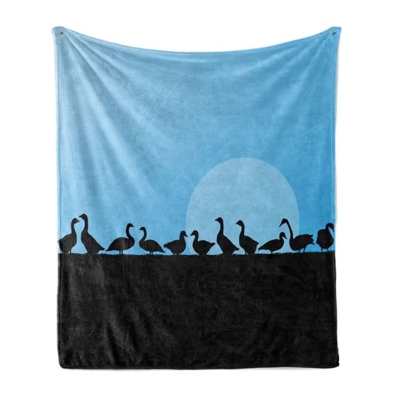 Goose Soft Flannel Fleece Throw Blanket, Farm Duck and Geese Silhouettes Countryside Landscape Illustration, Cozy Plush for Indoor and Outdoor Use, 70" x 90", Sky Blue and Charcoal Grey, by Ambesonne