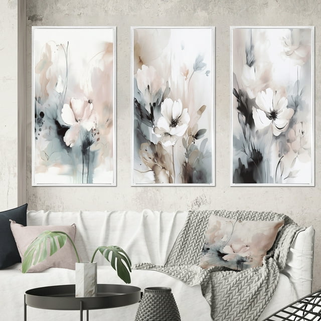 Designart "Grey Flowers Delicate V" Floral Framed Wall Art Set Of 3 - White Floral Frame Canvas Set For Living Room Decor