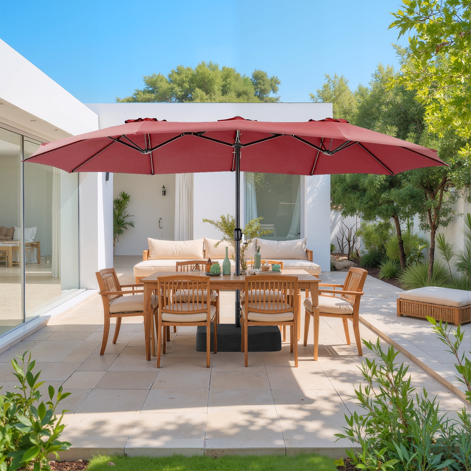 Betcozy Patio Umbrella with Base, 15ft Large Double-Sided Rectangle Umbrella, Outside Market Umbrellas for Deck, Poolside, Backyard, Red