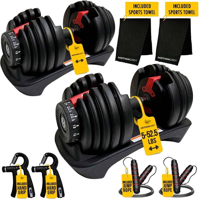 MotionGrey Adjustable Dumbbells 5 to 52.5 LBs, Free High Strength Hand Grip Included,Jump Ropes and Towels 15 Weight Settings DumbBell, Anti-Slip Metal Handle Haltère for Exercise (Set of 2)