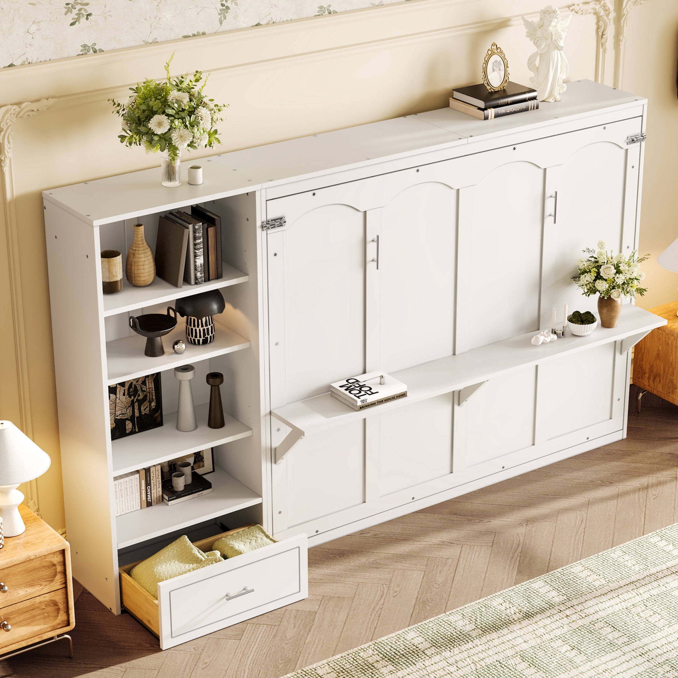 Noble House Queen Murphy Bed with Adjustable Storage Shelves and Drawer, Foldable Wall Bed Frame, White