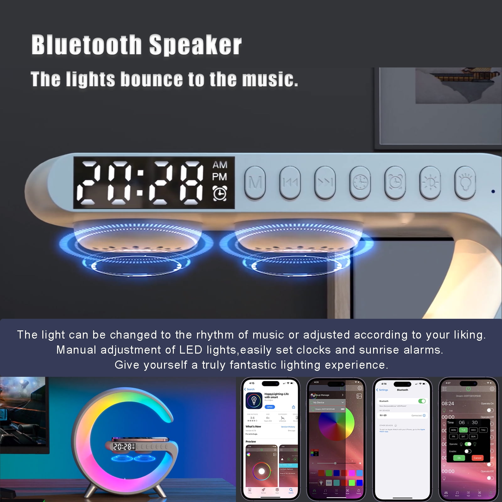 【Ueasy】Small G - Shaped Multifunctional Bluetooth Speaker - 256 Lighting Modes, Alarm, Night Light, Wireless Charge, Call Answer