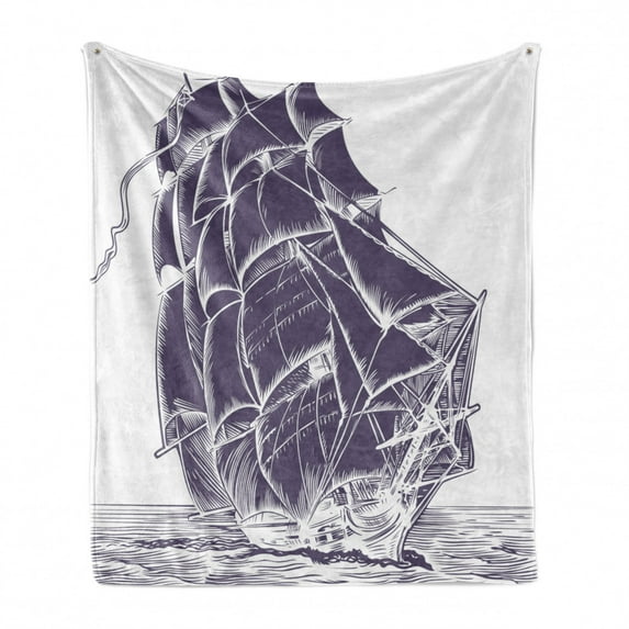 Nautical Soft Flannel Fleece Throw Blanket, Old Sail Boat in the Ocean on White Background Pirate Treasure Retro Illustration, Cozy Plush for Indoor and Outdoor Use, 70" x 90", Lavender, by Ambesonne