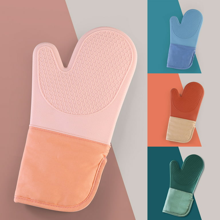 Silicone Oven Mitts Heat Resistant, Oven Mitts and Pot Holders Sets, Kitchen Mittens 5 Piece Set, Oven Gloves for Cooking,Baking,BBQ, Pink Oven