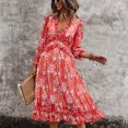 thumbnail image 3 of Vestido casual de una pieza Ticfox con Cuello en V Manga larga estampado floral rojo S, 3 of 6