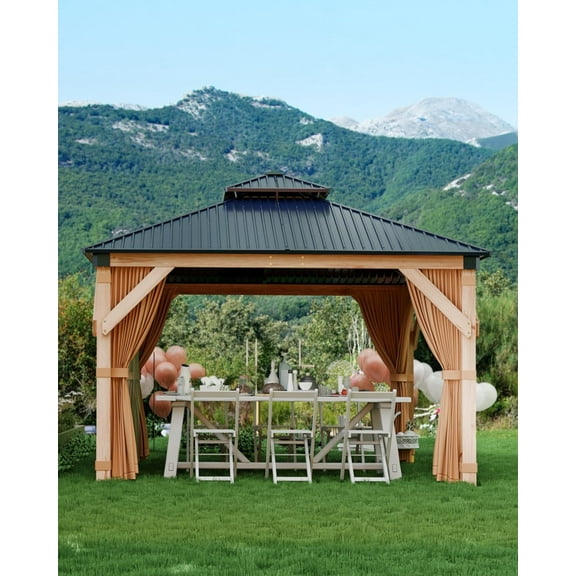 Pinypikaka Hardtop Wood Gazebo 10'x10' for All Weather, with Double Metal Roof, Heavy Duty Wooden Frame, Net, Curtain, Permanent Building for Patio, Deck, Backyard, Lawn, Garden