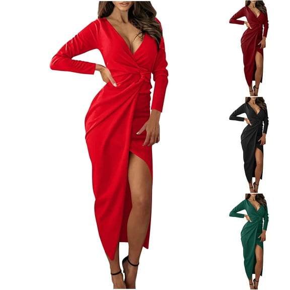 YHAJDS Women's Fall Winter Casual dress,Women's Dresses Long Sleeve Long Dress for Women Solid Color V-neck Split Formal Evening Dress Satin Like Fabric Elegant for Weddings or Galas