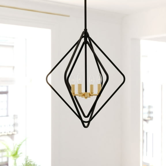Brady 4 Light Black and Satin Brass Contemporary Geometric Cage Pendant Light