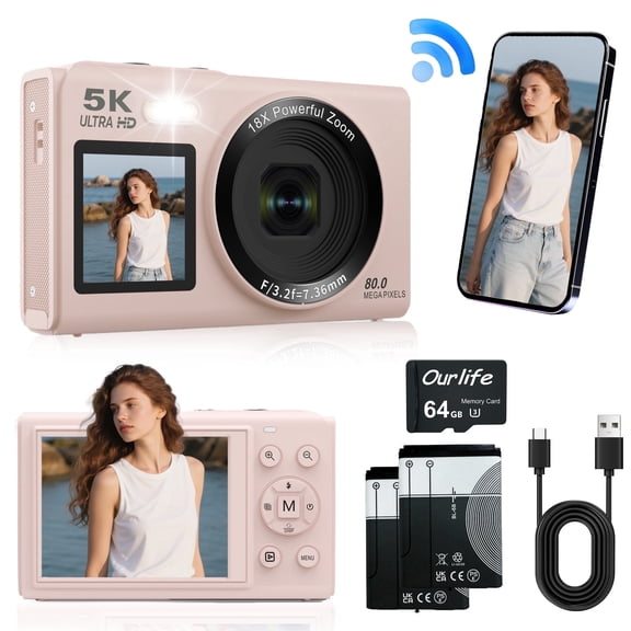 Ourlife Digital Camera 5K 80MP with Dual Screens, Autofocus 18X Zoom Compact Camcorder for Vlogging, Beginner Camera with WiFi, 64GB Card & 2 Batteries Pink