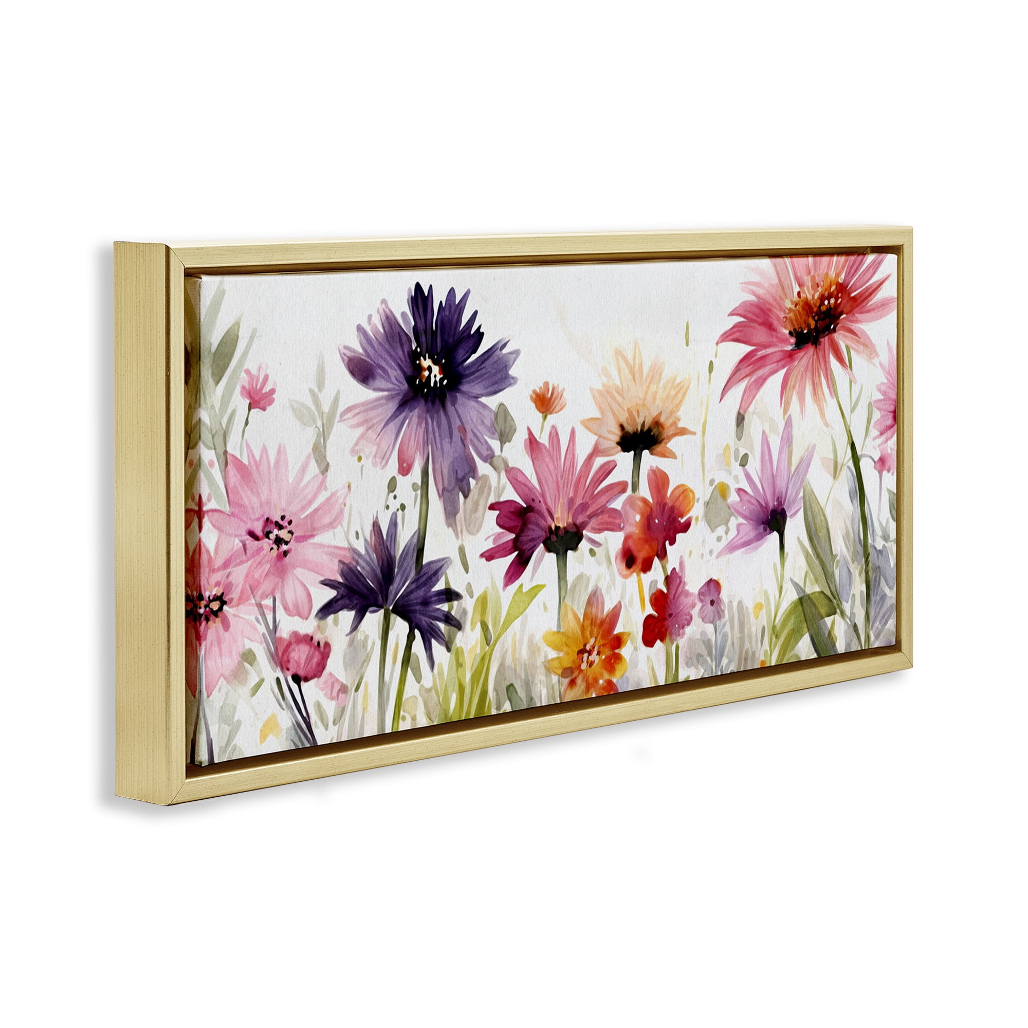 Stupell Industries Pink & Purple Blossoms Botanical & Floral Painting Gold Floater Framed Canvas Art Print Wall Art, 25 x 11