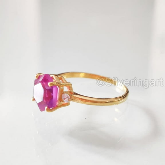 Hexagon Pink Alexandrite Ring, 925 Sterling Silver, Women Ring, Natural Alexandrite, June Birthstone, Christmas, Tiny Dainty Ring, CZ Ring, Yellow Micron, Statement Jewelry, Wedding, Anniversary Gift