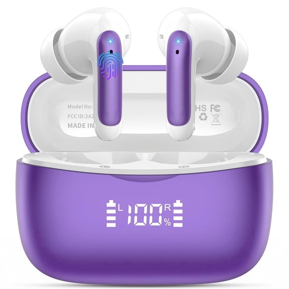 WeurGhy Bluetooth Wireless Earbuds Noise Cancelling for iPhone Android Sports Workout, 56H Playtime Waterproof LED Display in Ear Headphones, Purple