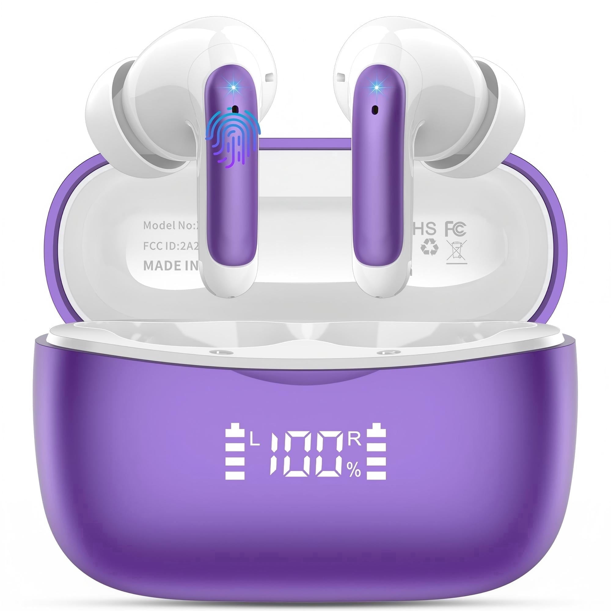 WeurGhy Bluetooth Wireless Earbuds Noise Cancelling for iPhone Android Sports Workout, 56H Playtime Waterproof LED Display in Ear Headphones, Purple