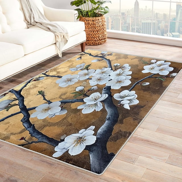 Washable Rugs 3x5 Almond Blossom Rug & Home Decor - Front Door Mat Indoor Entrance, Oriental Floral Rugs for Entryway, Non Slip Low Pile Small Area Rug, White Flower Carpet & Room Decorations V-&84