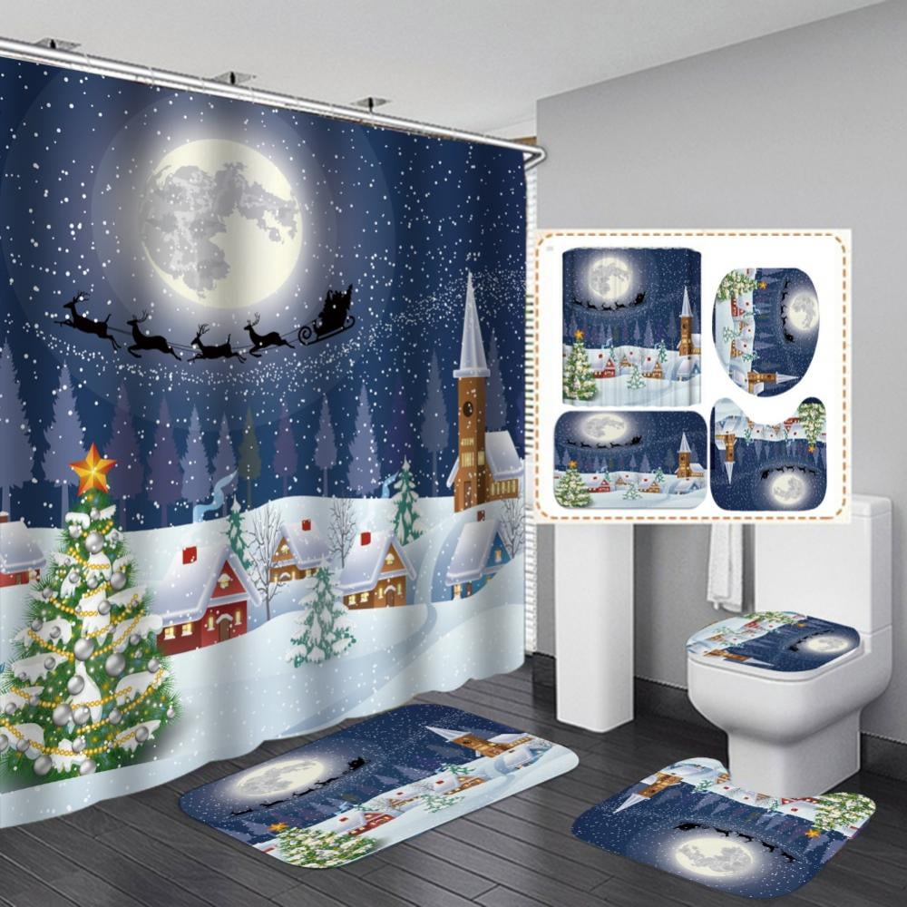 Merry Christmas Shower Curtain Bedroom Waterproof Fabric & 12Hooks 71*71inch 
