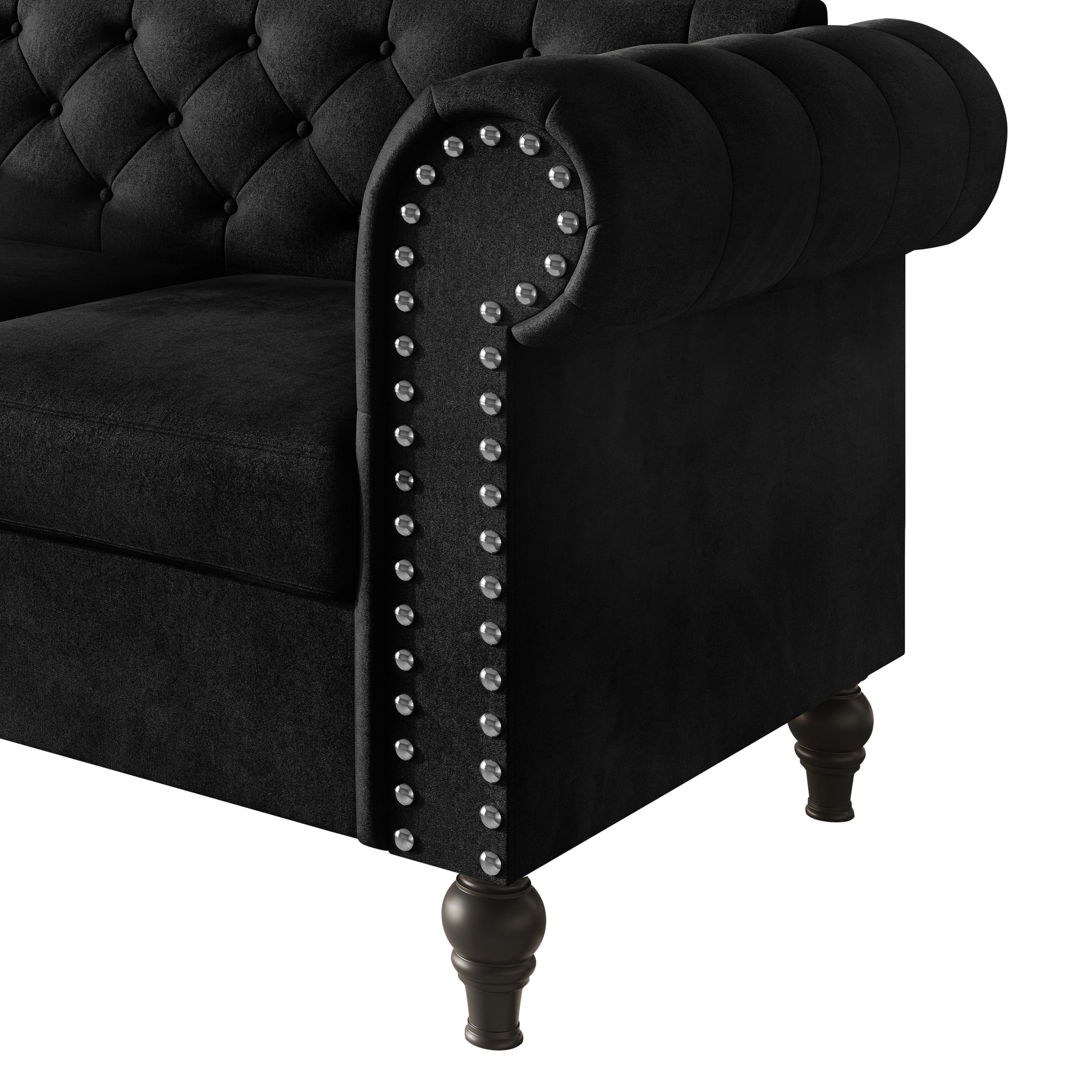 Home Design Kelso Velvet Rolled Arm Sofa with Deep Button Tufting, Nailhead Trim and Turned Legs, Black