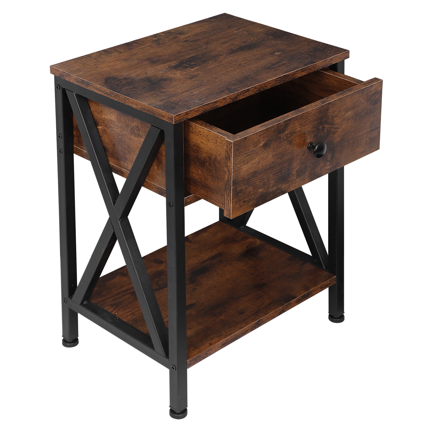 ZenSports 2 Pack Wood Grain End Table Retro Industry Side Table W/ Drawer, Rustic Brown