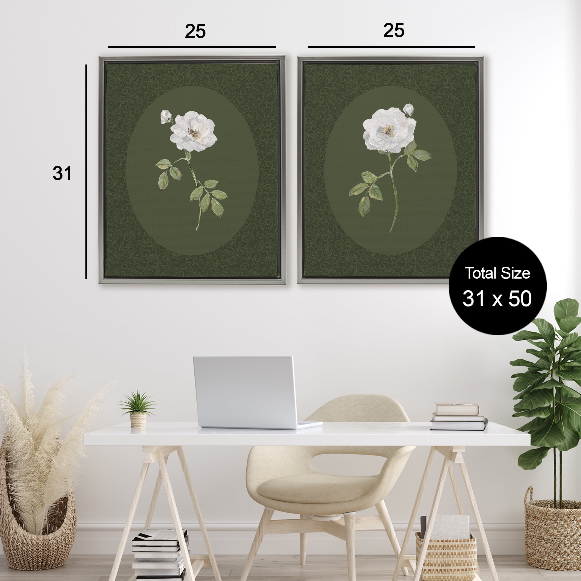Stupell Industries Ornate Rose Studies over Emerald 2 Piece Gray Framed Floater Canvas Set, design by Sally Swatland