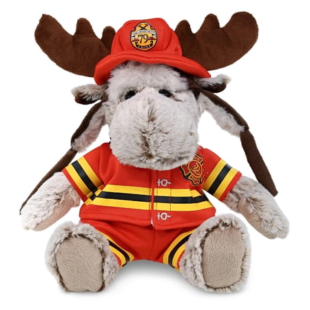 DolliBu Moose Firefighter Stuffed Animal - Moose with Clothes Fireman Toy with Red Fireman Costume Outfit and Fireman Hat Wild Life Stuffed Animal Fire Fighter Doll Plush Toy for Kids - 10 Inch