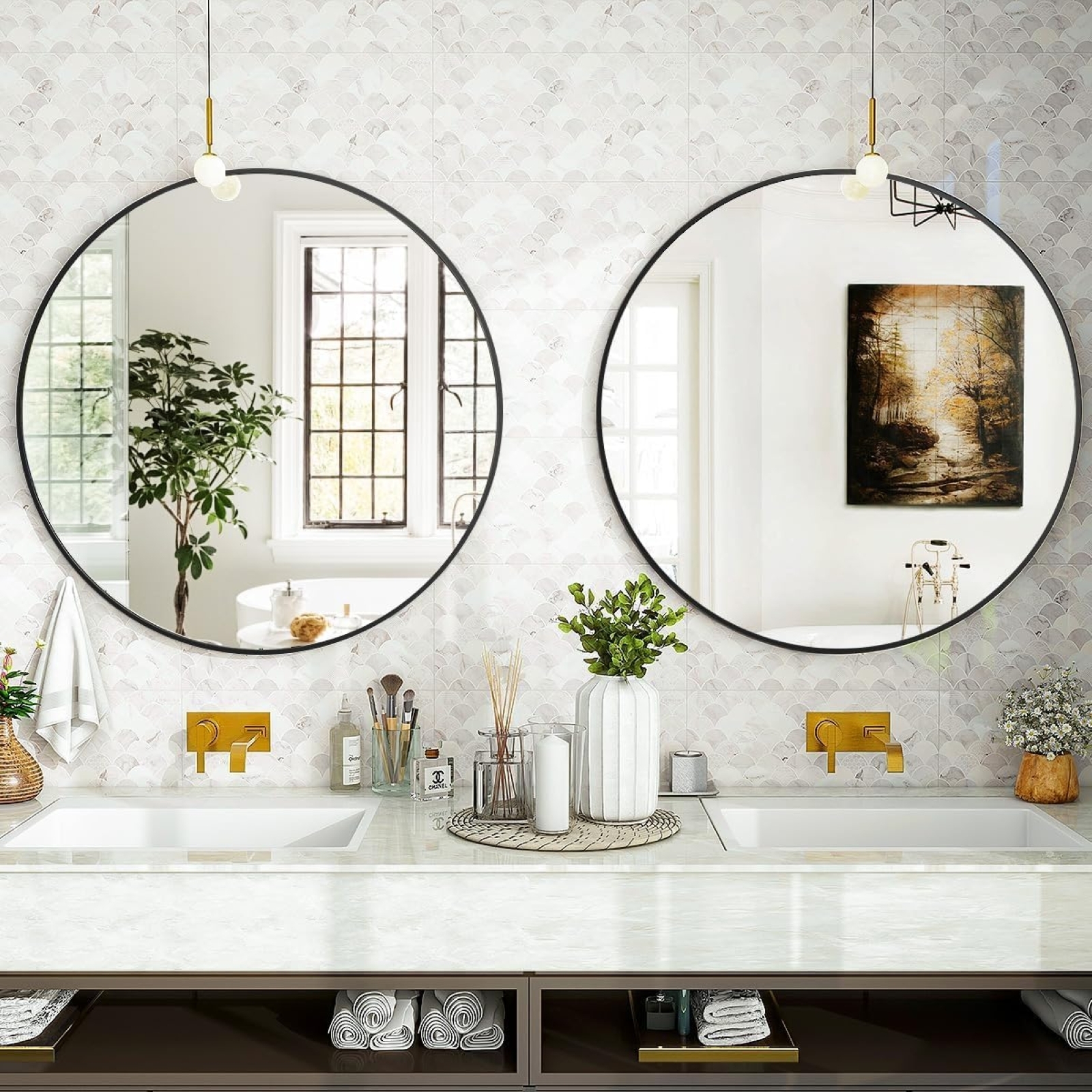 AUROMIR 28" Round Wall Mirror Bathroom Vanity Mirror Aluminum Alloy Frame,Black