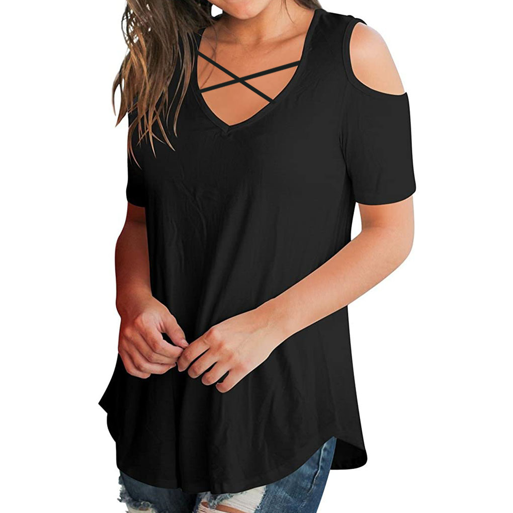 Elenxs Cold Shoulder Girl Casual T-shirt Short Sleeve Loose Blouse - image 5 of 5
