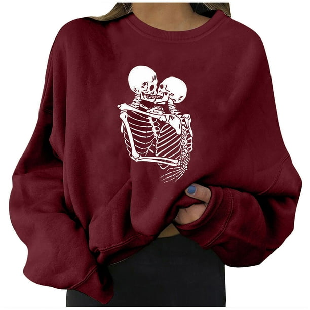 Moda mujer Halloween calavera estampado cuello redondo manga larga suelta sudadera blusa Tops Fridja bvmnju6993
