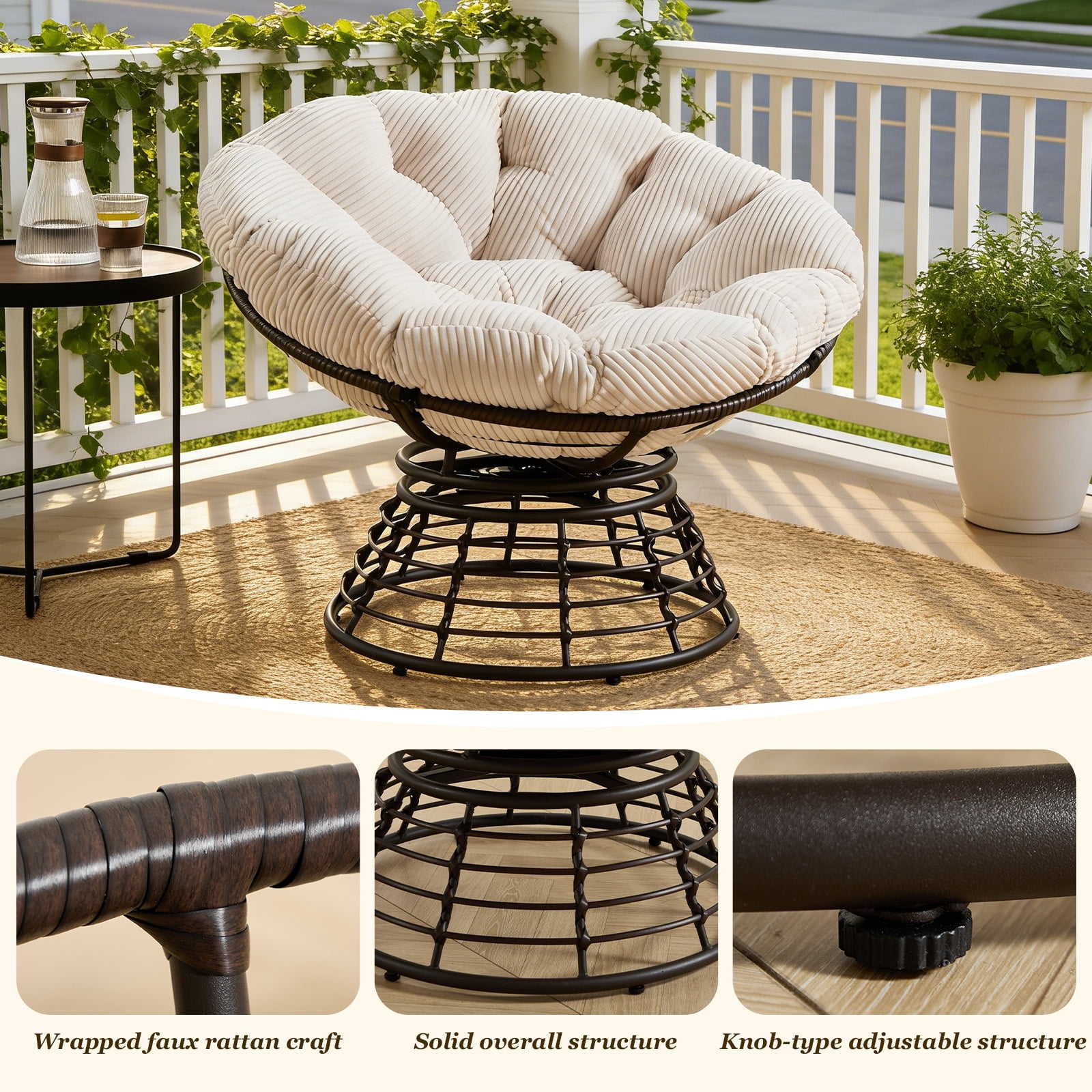 MOONMISS 360° Swivel Wicker Papasan Chair with Soft Thick Cushion for Living Room,White