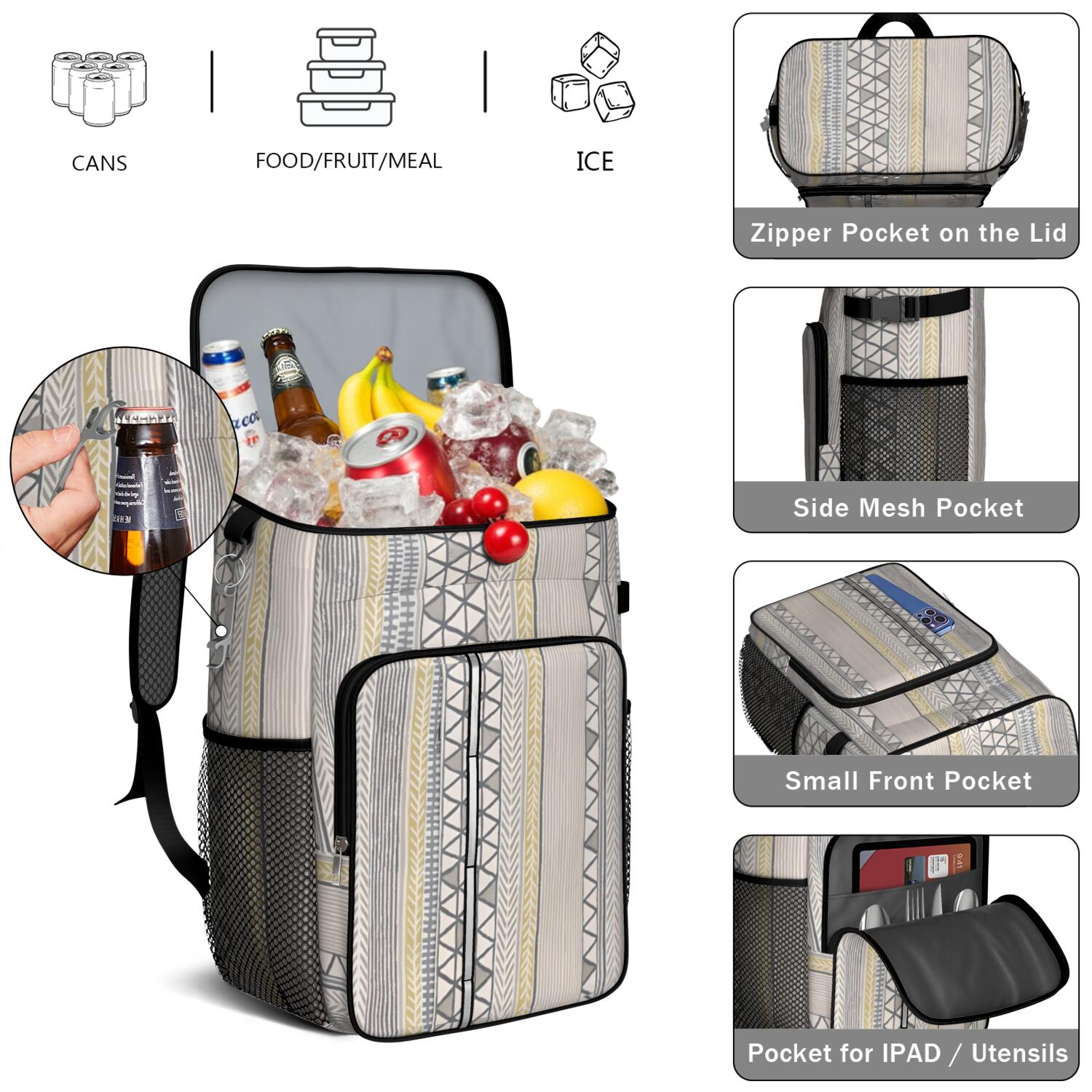 Travel Cooler Bag - Boho Bohemia Pioneer Flower Geometric Line Art Camping Beer Cooler Backpack with Bottle Opener- Waterproof Insulated Picnic Backpacks - Cooler Bag for Beach
