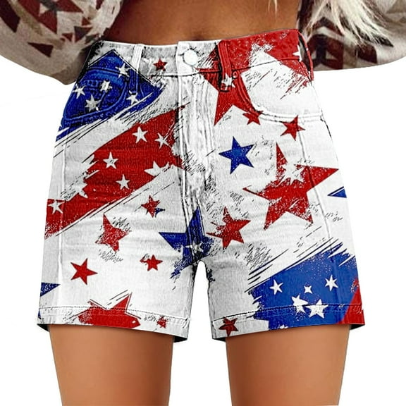 Seductiva Items Women's Original Shorts Women's Independence Day Casual High Waisted Twill Shorts with Loose Fit Artistic Retro Print and Pocket Shorts