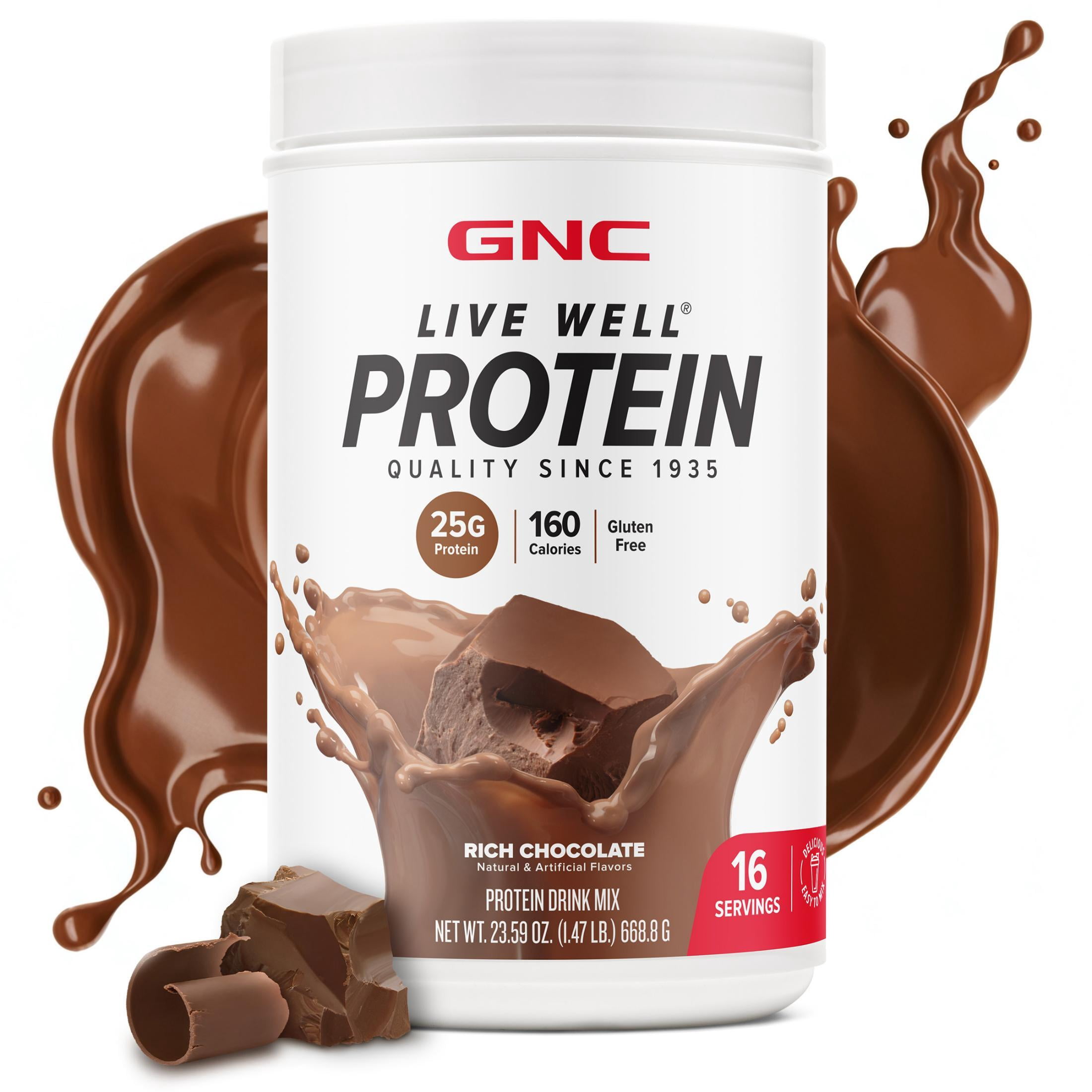 GNC Live Well Protein Powder, 25g Whey Protein, Rich Chocolate, Gluten Free, No Sugar Added, 16 Servings