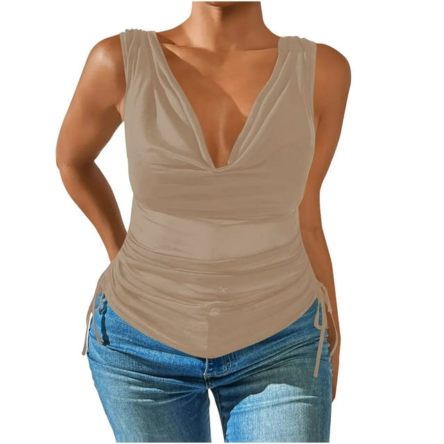 Kaemgyyd Women Cowl Neck Tank Tops Summer Ruched Sleeveless Casual Shirts Solid Side Drawstring Tie Plus Size Tee