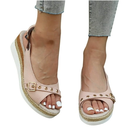 

YanHoo Wedges for Women Casual Espadrille Slide On Platform Sandals Comfort Open Toe Ankle Elastic Strappy Studded Flatform Sandal Shoes