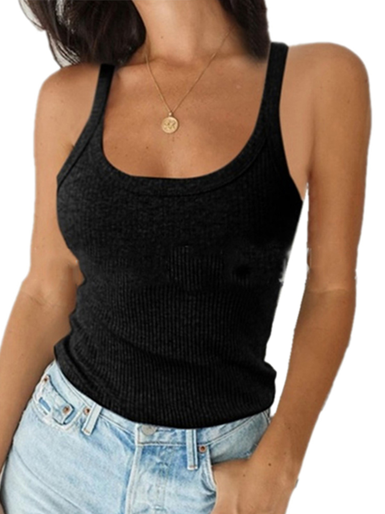 Women's Basic Square Neck Tank Top Cotton Stretch Knit Solid Plain Sleeveless