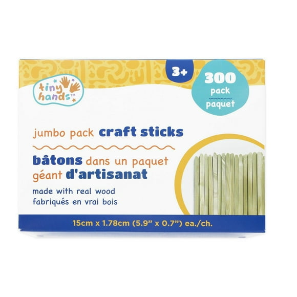 TINY HANDS Wooden Craft Sticks, Jumbo Pack, 300 pcs, 15 cm (5.9 in) × 1.8 cm (0.7 in) each, Age 3+, Kids, 15 cm (5.9 in), 300pcs