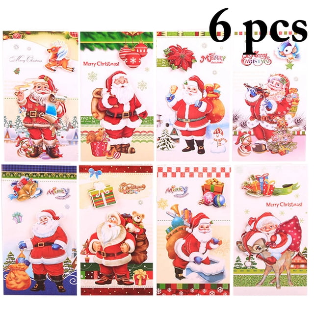 6PCS Christmas Cards Santa Claus Printed Greeting Cards Holiday Blessing Cards