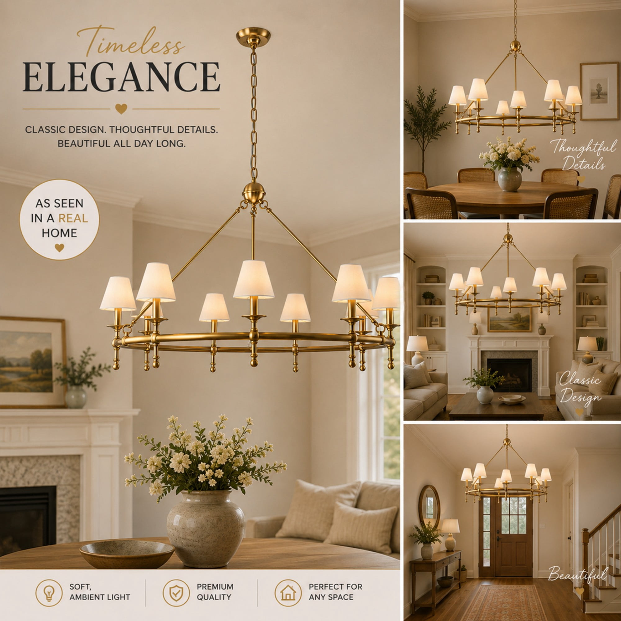 47” Extra Large 9-Light Vintage Brass Chandelier with White Fabric Shades – Classic Pendant Ceiling Light for High Ceilings, Dining Room, Foyer, Entryway