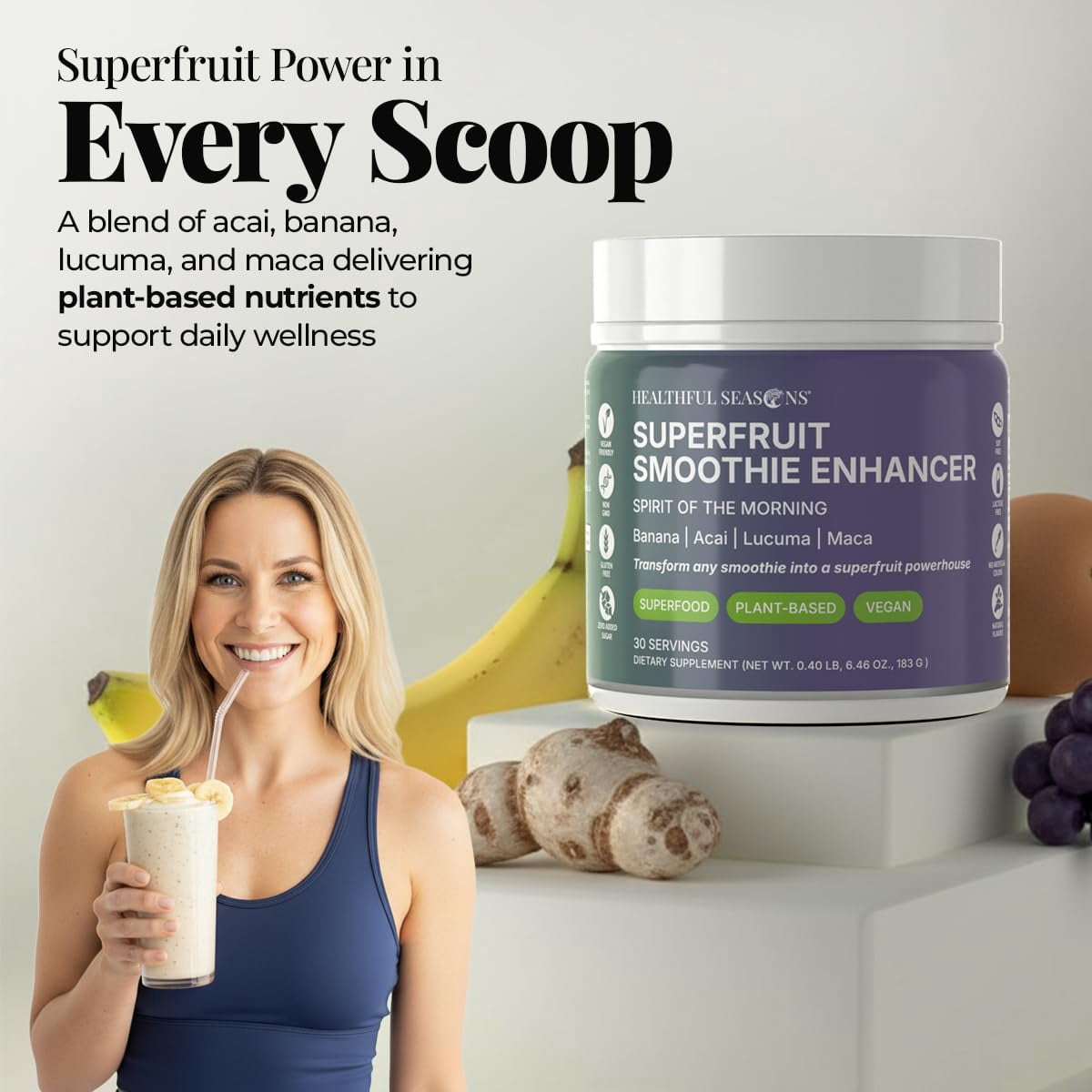 Healthful Seasons Superfood Smoothie Powder Mix with Açai, Lucuma, Maca & Banana – For Smoothies & Shakes – 30 Servings