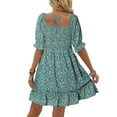 thumbnail image 2 of Womens Casual Summer Dresses Short Sleeve Square Neck Smocked Boho Floral Sundress Flowy A-Line Mini Dress Green S, 2 of 7